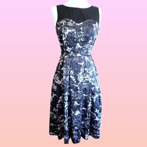 Black white floral sheer mesh swing dress pockets